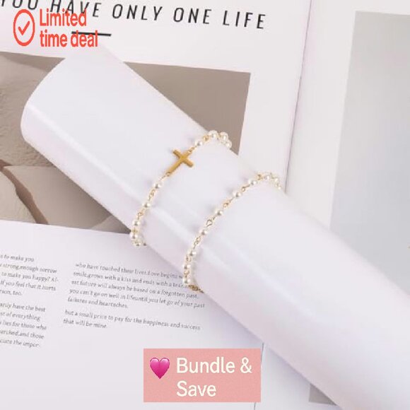 18K Gold-Plated Pearl Cross Rosary Bracelet, Hypoallergenic, 6.7" - Picture 3 of 8